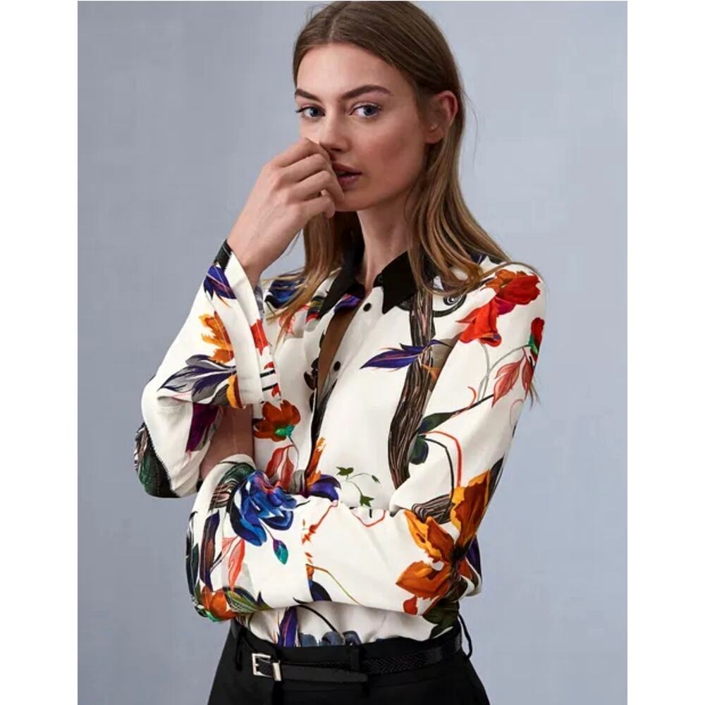REISS Lupa Blouse US 6 Floral Botanical Print 100% Viscose Black Collar - Picture 2 of 12